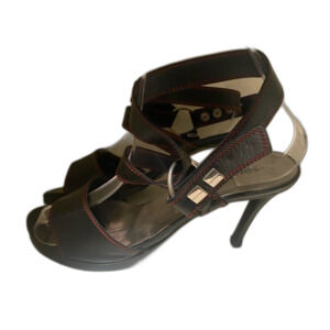 Bottega Veneta black sandal heels with red stitching wrap around straps